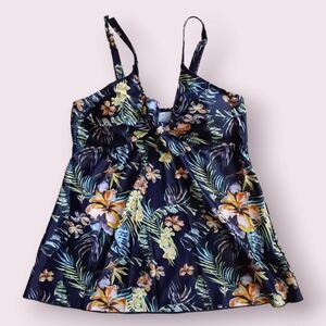 Navy tropical floral print tankini top, M